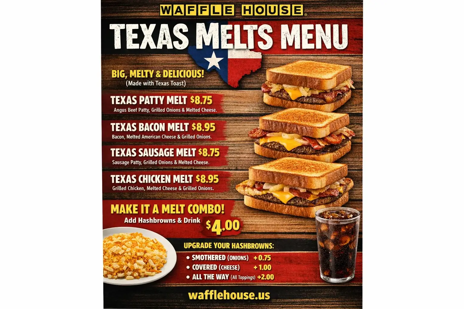 Waffle House Breakfast Sandwiches and Melts Menu with Calories and Prices