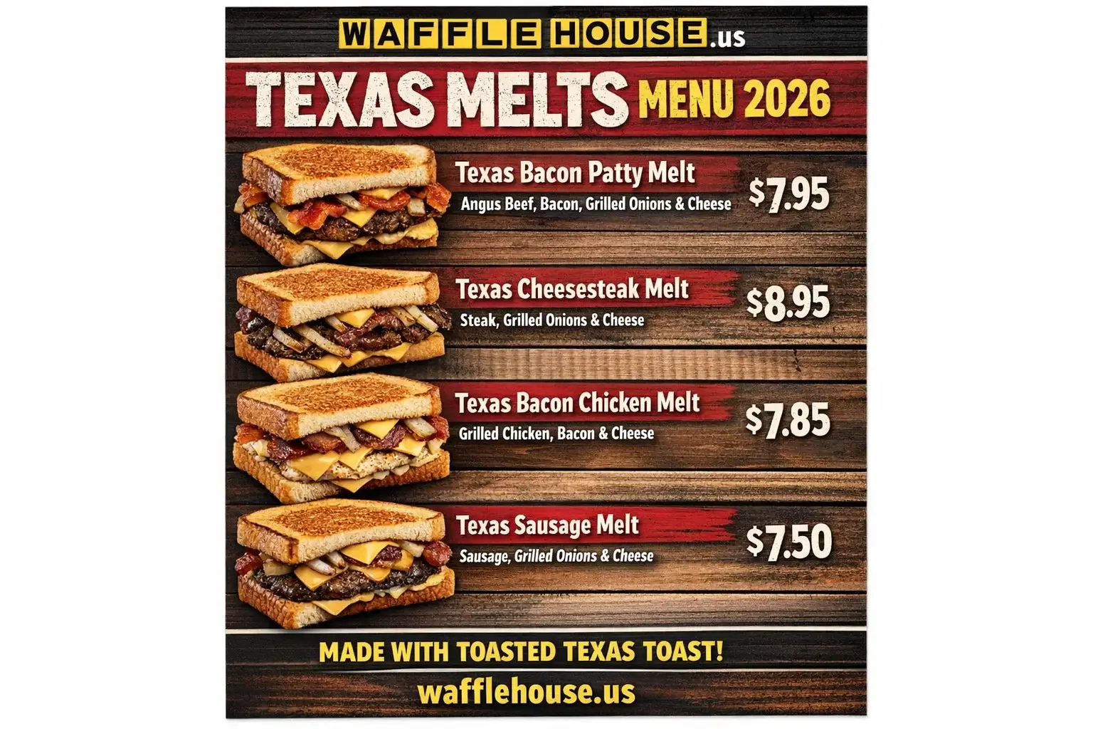 Waffle House Texas Melts Menu with Prices