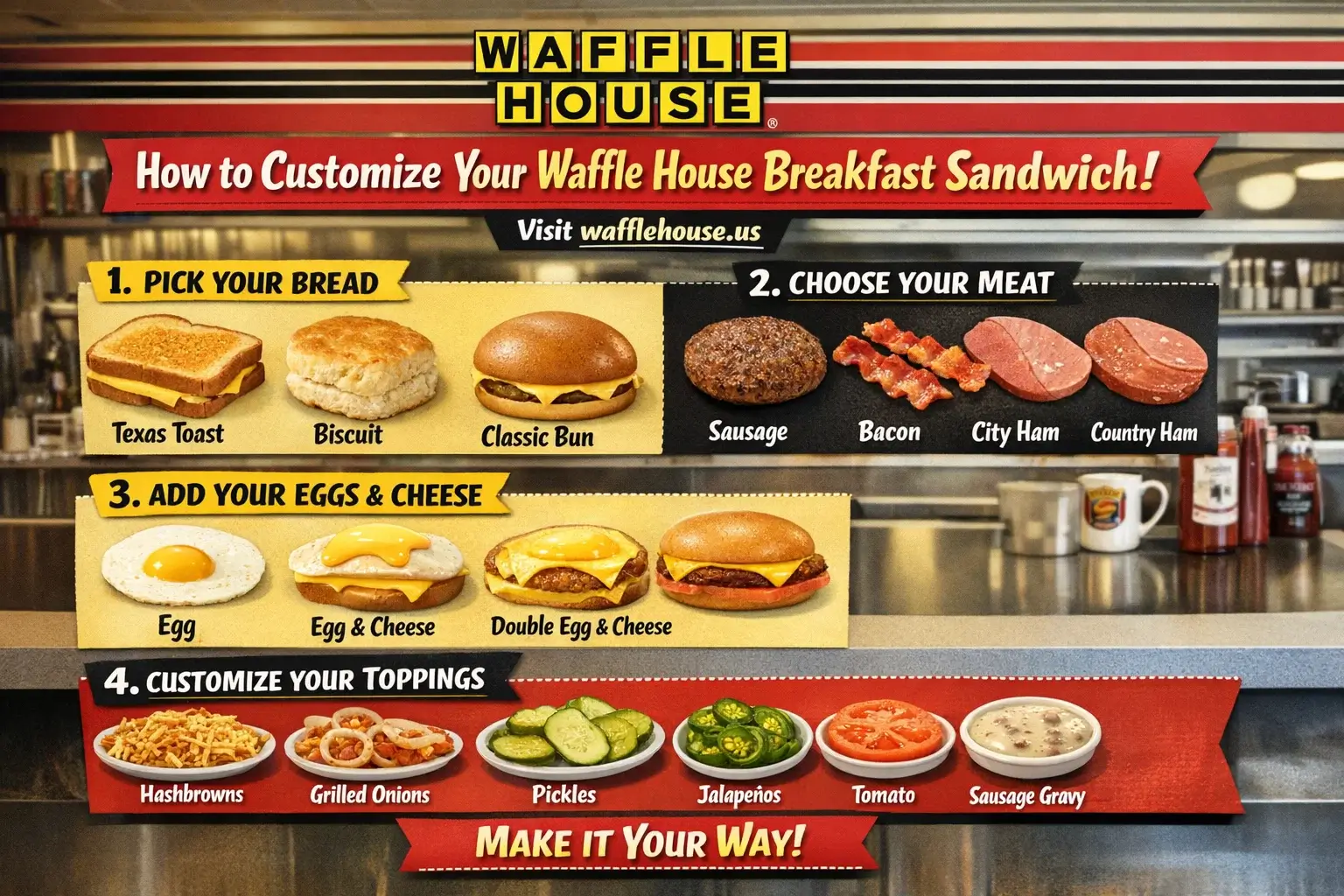 Waffle House Breakfast Sandwiches and Melts Menu with Calories and Prices