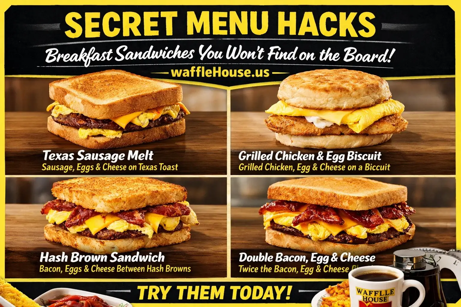 Waffle House Breakfast Sandwiches and Melts Menu with Calories and Prices