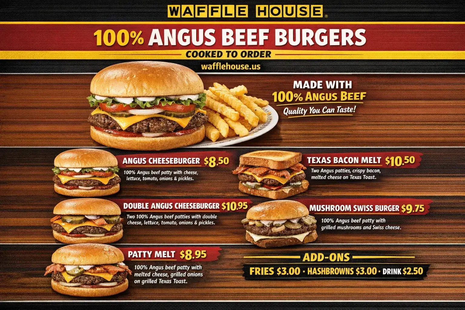 Waffle House Angus Beef Burgers Menu with Price