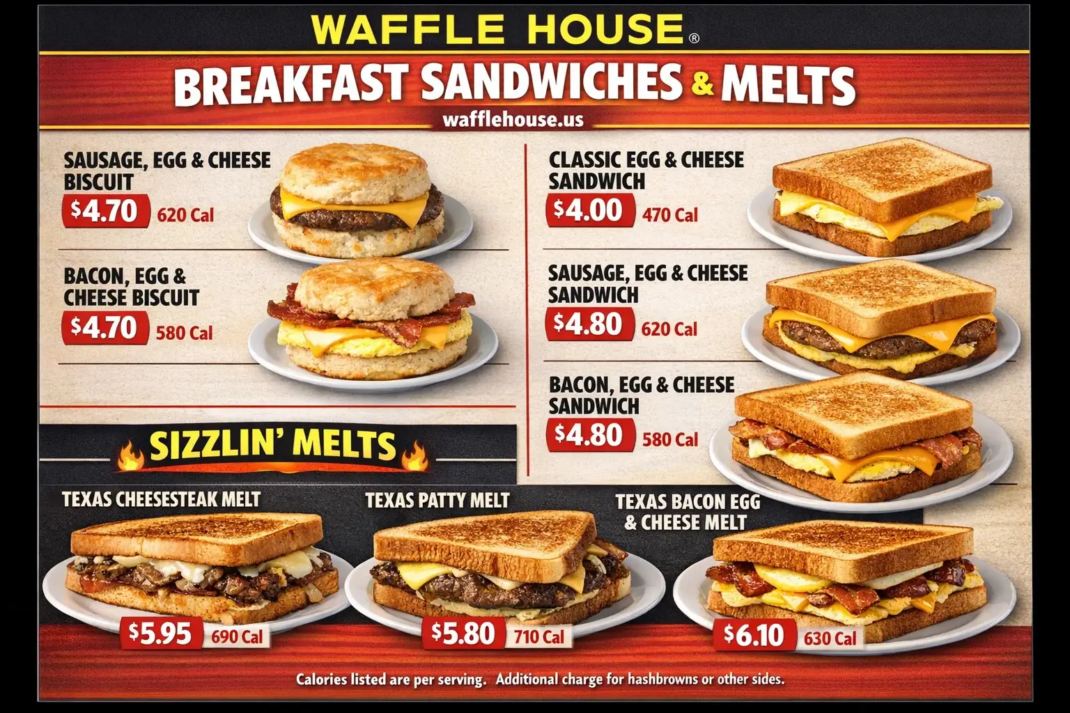 Waffle House Breakfast Sandwiches and Melts Menu with Calories and Prices