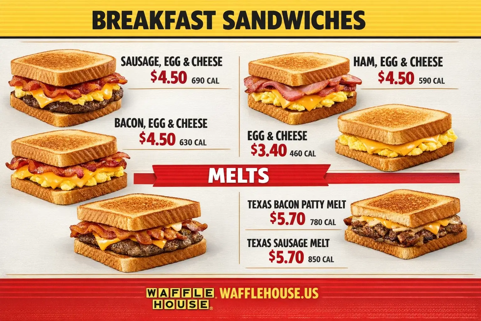 Waffle House Breakfast Sandwiches and Melts Menu with Calories and Prices