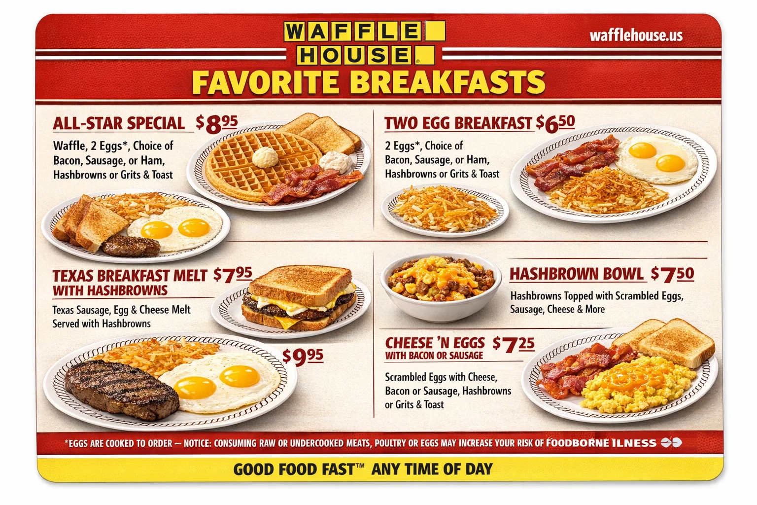 Waffle House Favorite Breakfast Menu with Price