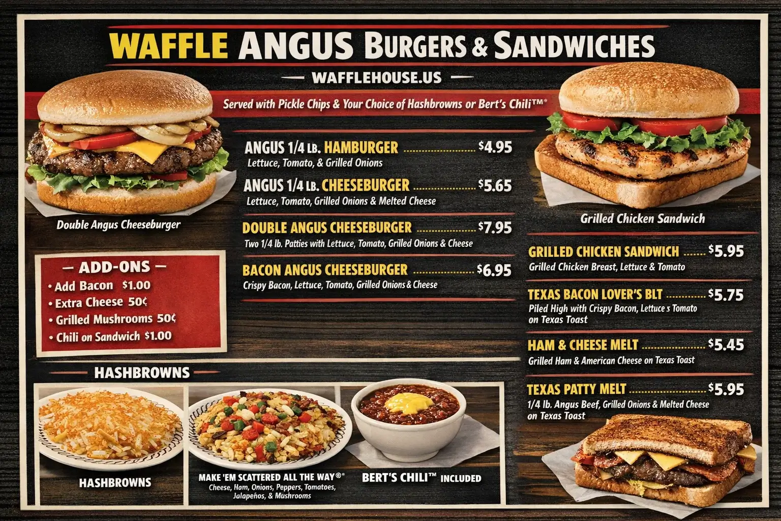 Waffle Angus Burgers and Sandwiches Menu