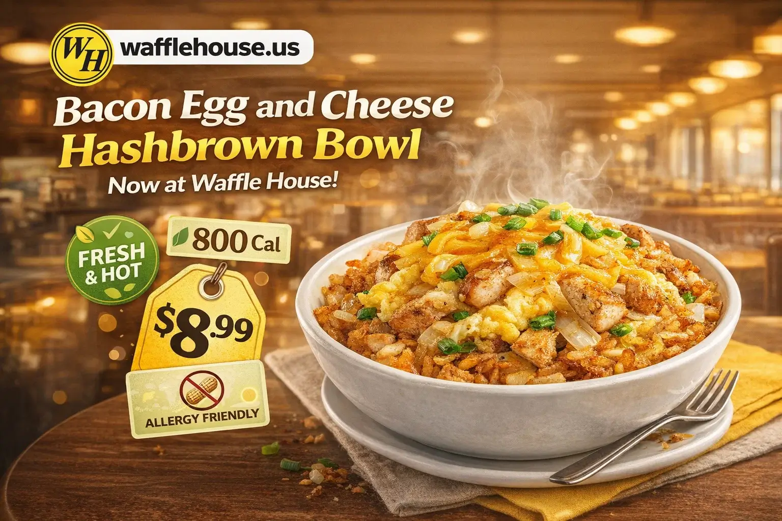 Bacon Egg and Cheese Hashbrown Bowl at Waffle House with Price