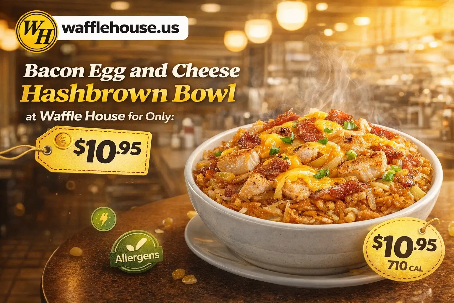 Bacon Egg and Cheese Hashbrown Bowl at Waffle House with Price