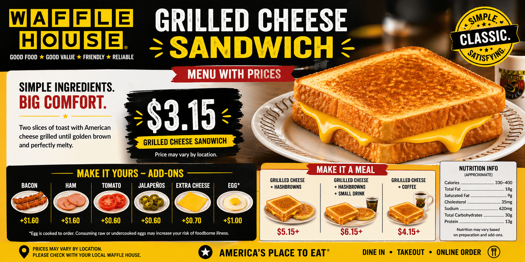 Waffle House Grilled Cheese Sandwich Menu with Prices