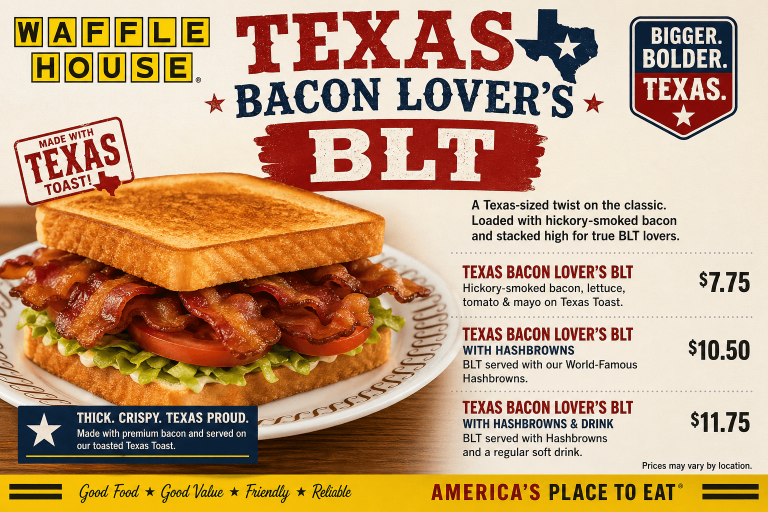 Waffle House Texas Bacon Lover's BLT Menu with Prices
